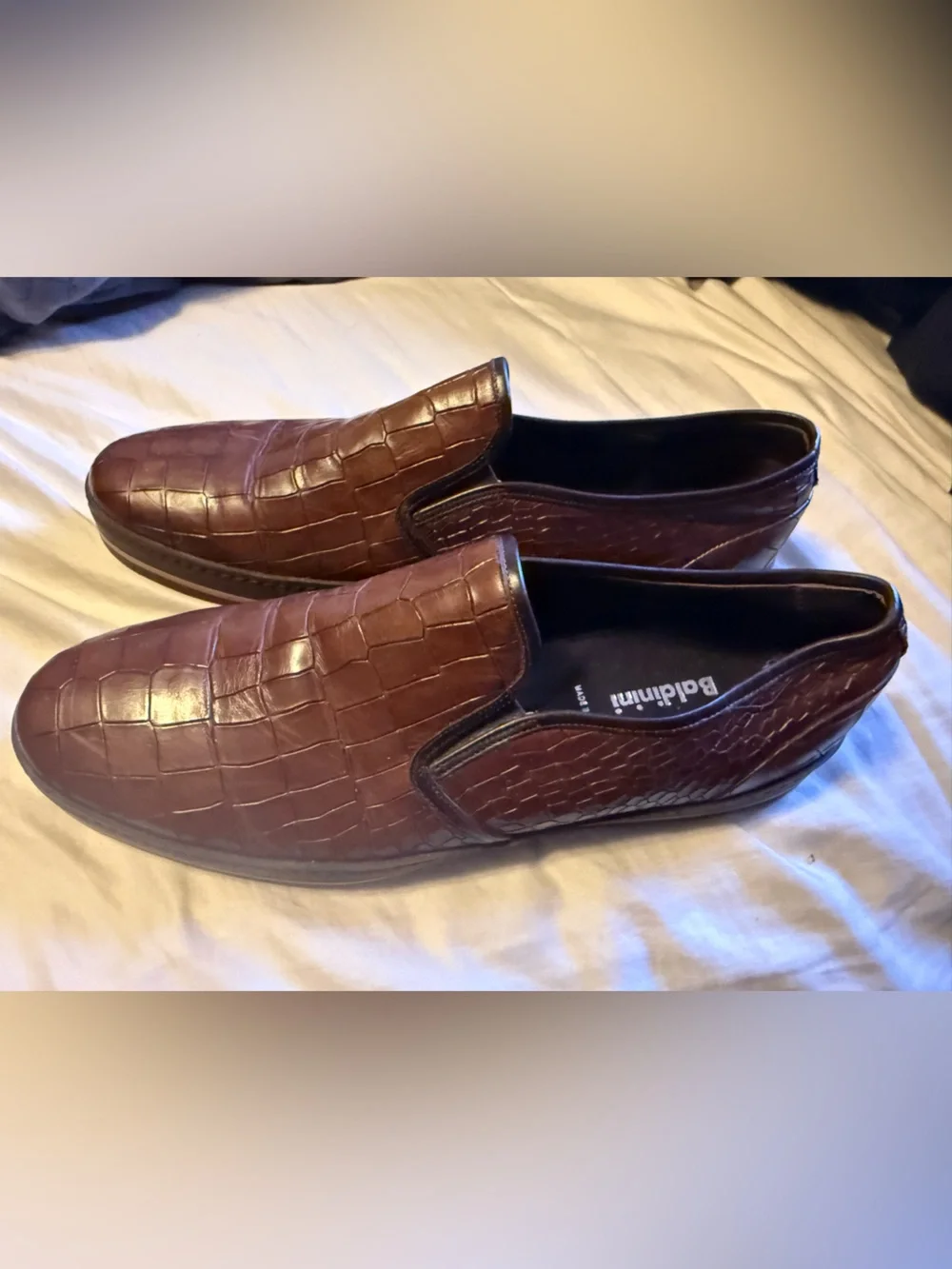 BALDININI Italy Men’s 43 Brown Croc Embossed Leather Luxury Slip On Sneakers